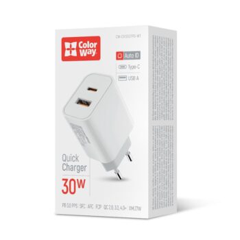 Зарядний пристрій ColorWay PD Type-C PD + USB QC3.0 30 White (CW-CHS037PD-WT)